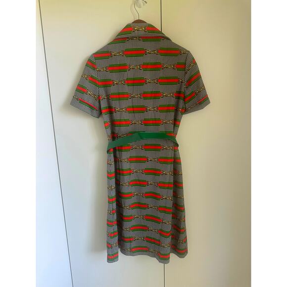 Vintage 60 Mod Style Dress Houndstooth Buckle Design Green/Red Designer Sz 6-8 - Picture 6 of 11